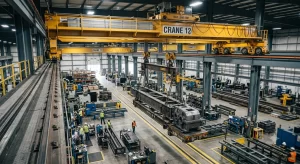 Yellow industrial overhead crane lifting a heavy steel component in a manufacturing facility.