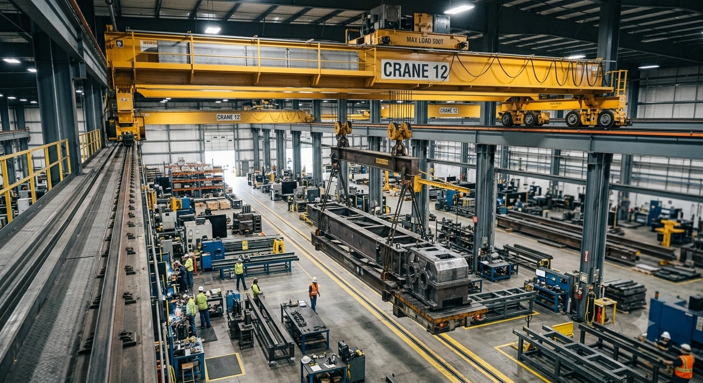 Yellow industrial overhead crane lifting a heavy steel component in a manufacturing facility.