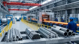 Stainless steel material suppliers' factory floor with pipes and hot-rolled metal